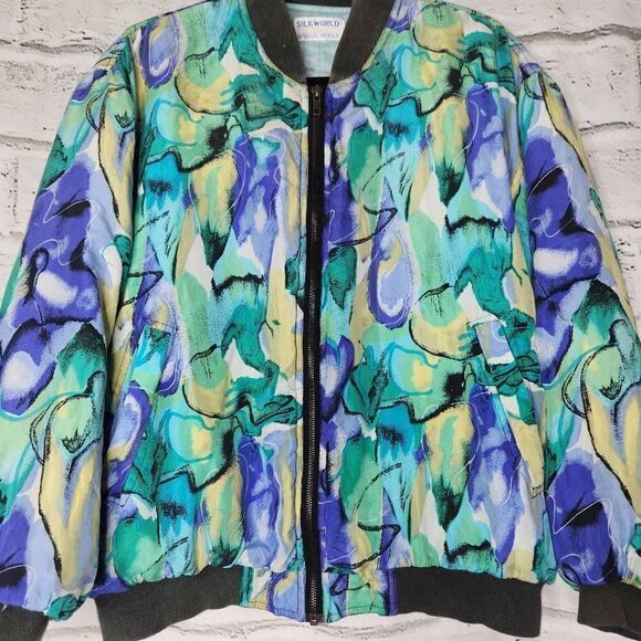 Silk World Abstract Graphic Pattern Ribbed Trim Bomber Jacket Blue Green Large - Picture 3 of 12